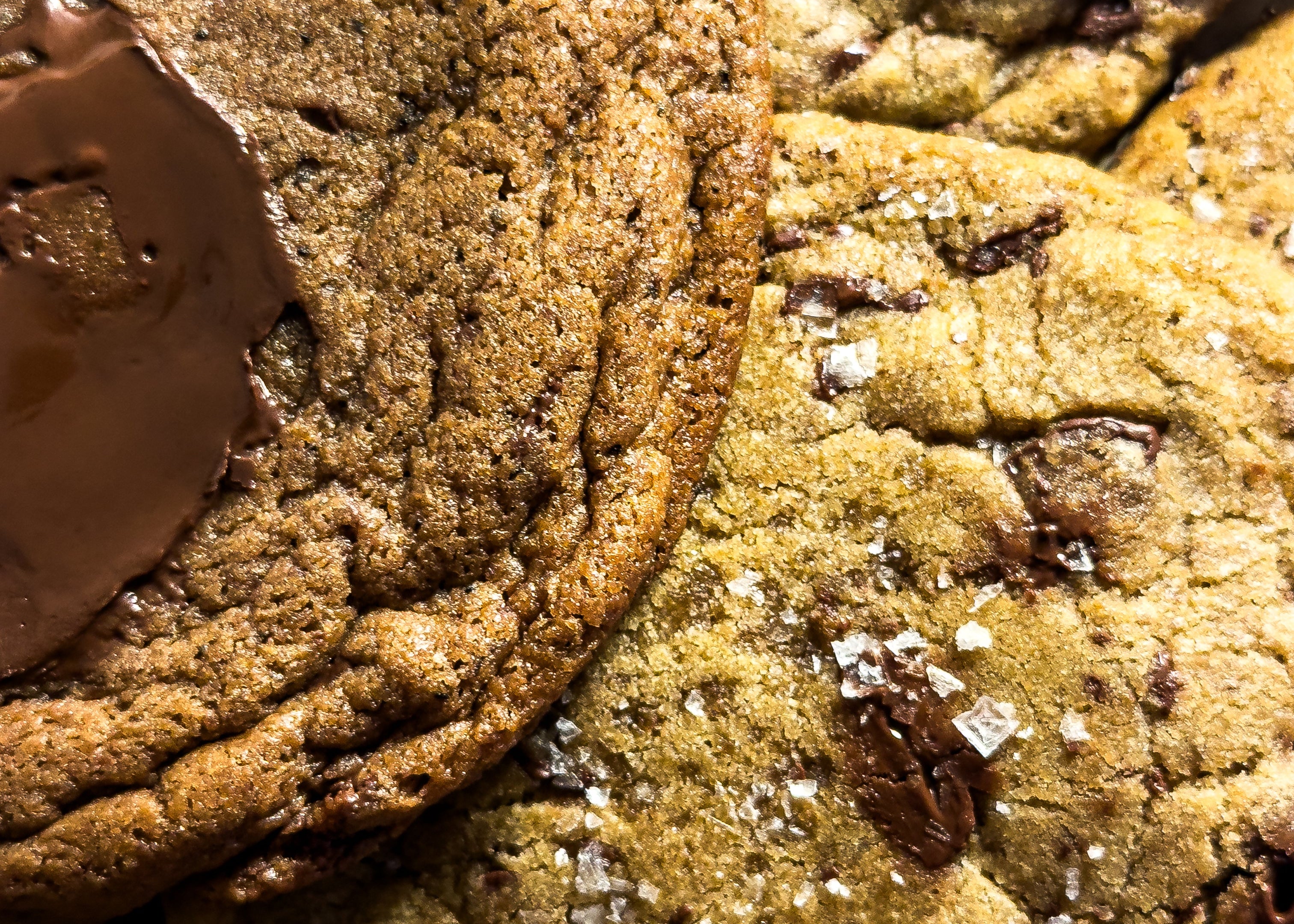 Close-up of chocolate chip cookies with a focus on texture and color.